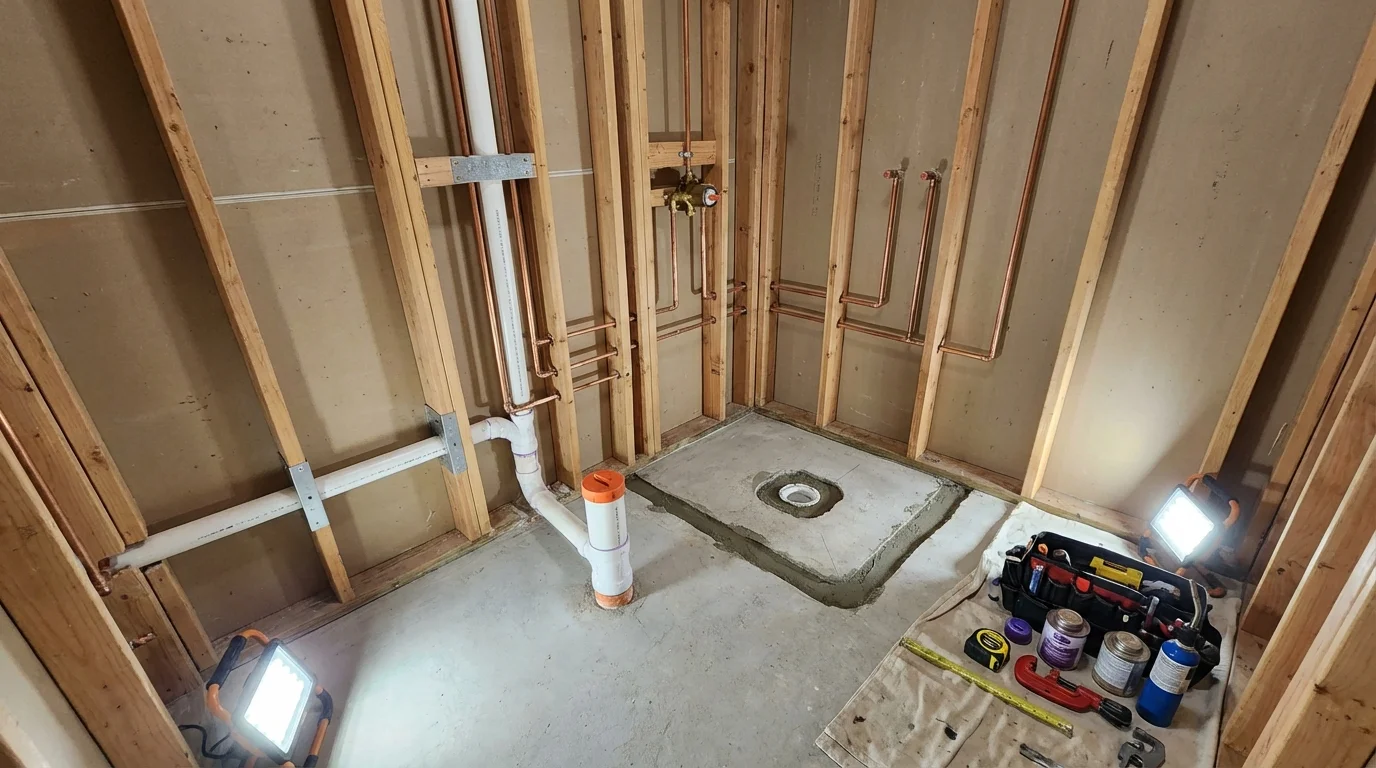 Bathroom rough-in plumbing during remodel by Johns Plumbing LLC in Fair Grove