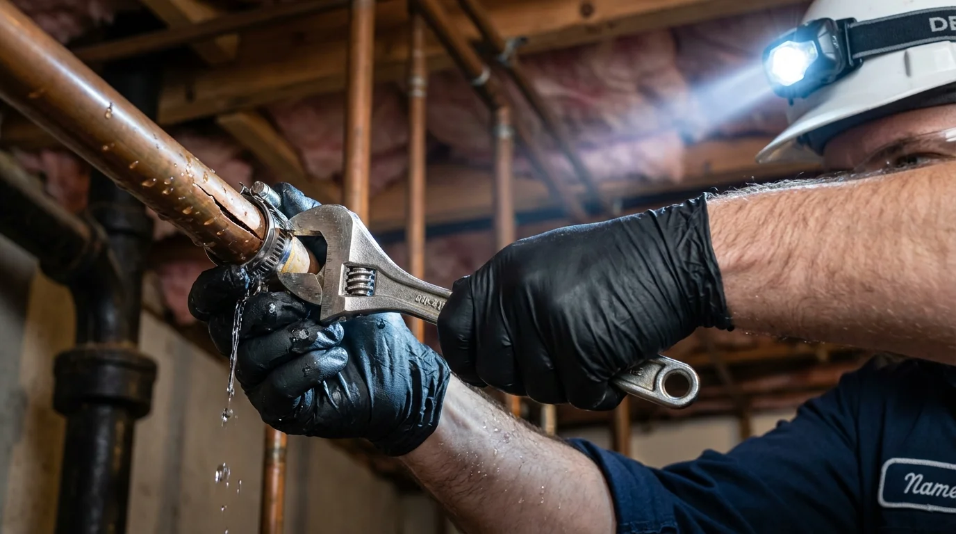 Emergency pipe clamp repair being performed by a Johns Plumbing LLC plumber in Fair Grove