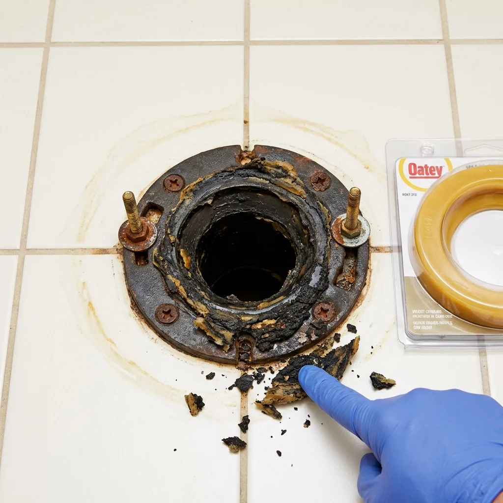 Failed wax ring showing water seepage at the base of a toilet in a Fair Grove, MO home