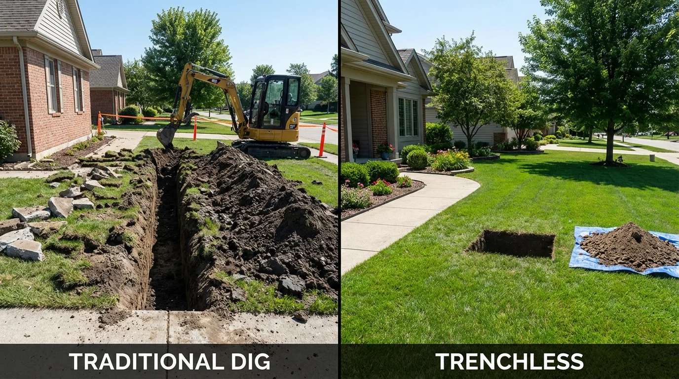 Trenchless sewer repair with minimal yard damage versus traditional excavation in Fair Grove, MO