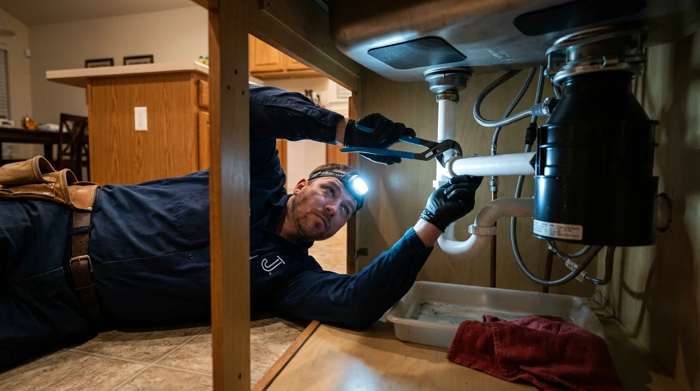 P-trap and supply line connections under a kitchen sink showing a common leak point in Fair Grove, MO